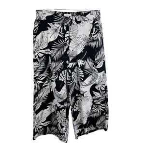 Christian‎ Siriano Women's Black White Tropical Leaf Linen Wide Leg Crop Pants M